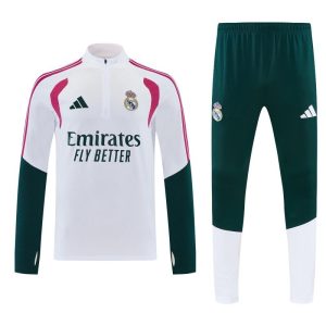 Tuta Real Madrid - 2026/2027bianca e verde scuro con mezza zip e pantaloni lunghi